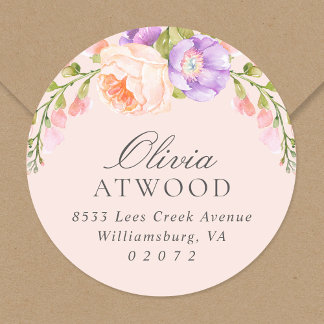 Blush and Violet Bloom Round Return Address Label