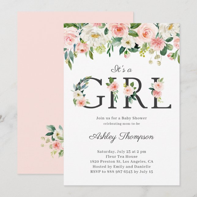Blush and White Flowers It's a Girl Baby Shower Invitation (Front/Back)
