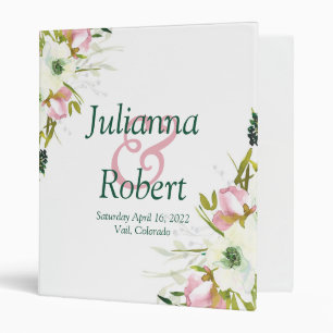 Blush and white watercolor floral wedding   3 ring binder