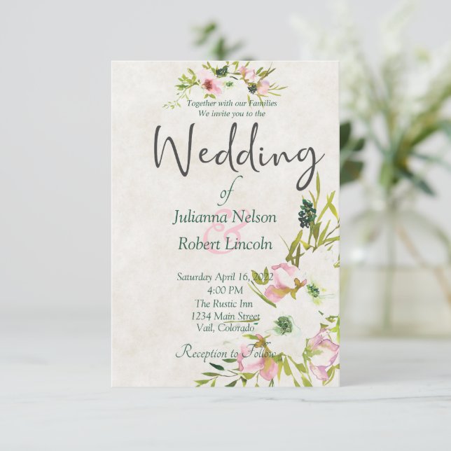 Blush and white watercolor floral wedding invitati invitation (Standing Front)