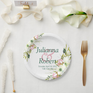 Blush and white watercolor floral wedding  paper p plate