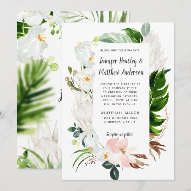 Blush and White Watercolor Tropical Floral Wedding Invitation (Front/Back)