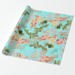 Blush Antique Redouté Roses on teal pattern Wrapping Paper