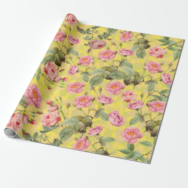 Blush Antique Redouté Roses on yellow pattern Wrapping Paper (Unrolled)