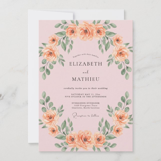 Blush Apricot Leafy Wedding Invitation (Front)