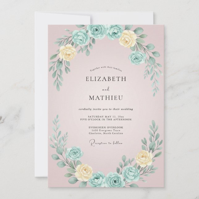 Blush Aqua Wreath Wedding Invitation (Front)