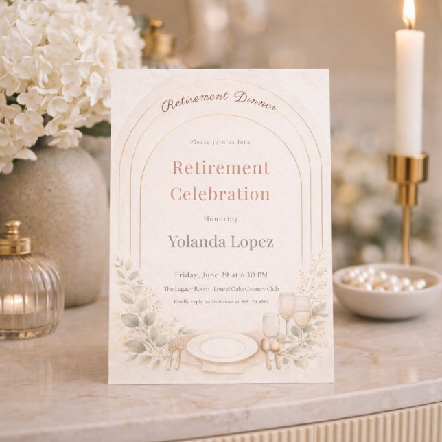 Blush Arch Retirement Invitation (Blush arch with soft botanicals for a refined retirement dinner gathering)