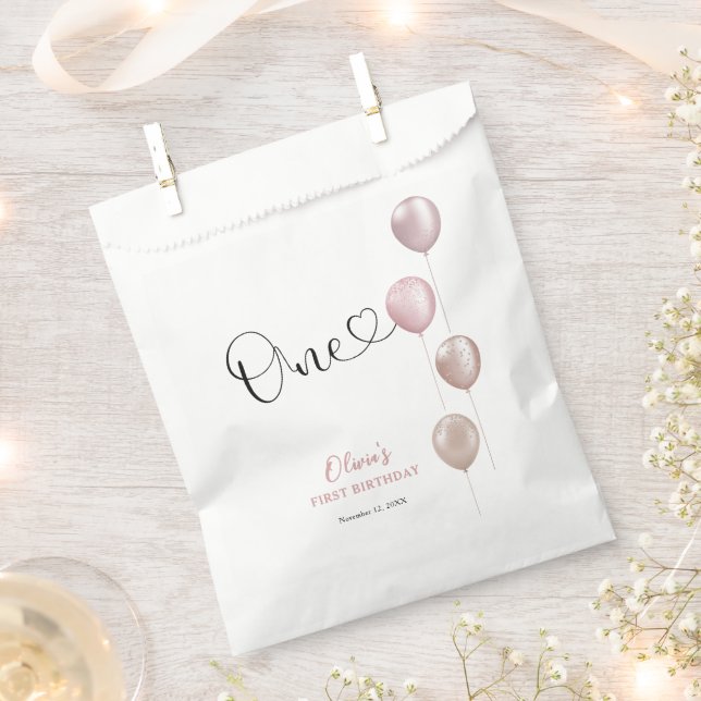 Blush Balloons Girl First Birthday Favour Bag (Clipped)