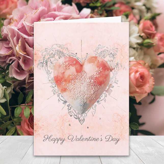 Blush Baroque Lace Sacred Heart Valentines Day Card (Creator Uploaded)