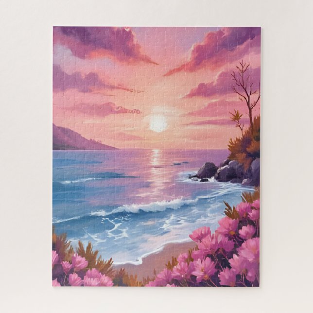 Blush Beach Bay | Ocean Sunset Pink Watercolor Jigsaw Puzzle (Vertical)