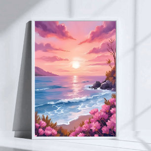 Blush Beach Bay   Ocean Sunset Pink Watercolor Poster
