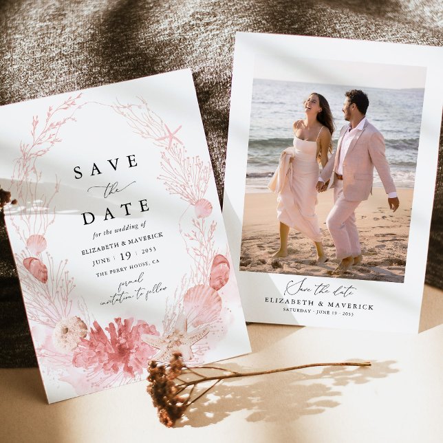 Blush Beach Coastal Seashell Photo Wedding Save The Date (Coastal Blush Photo Save the Date Card Pink Seashell Beach Destination Wedding Stationery)