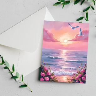 Blush Beach   Pink Ocean Sunset Coastal Card