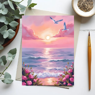 Blush Beach   Pink Ocean Sunset Coastal Watercolor Postcard