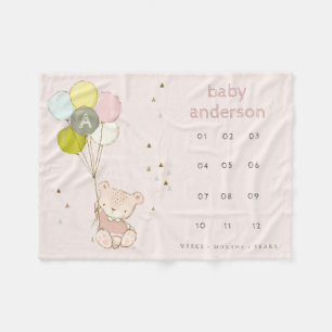 Blush Bear Balloon Girly Monogram Baby Milestone Fleece Blanket
