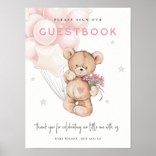 Blush Bear Balloon Guestbook Sign Baby Shower (Front)