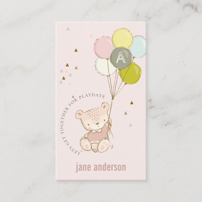 Blush Bear Balloon Monogram Kids Playdate Calling Business Card (Front)