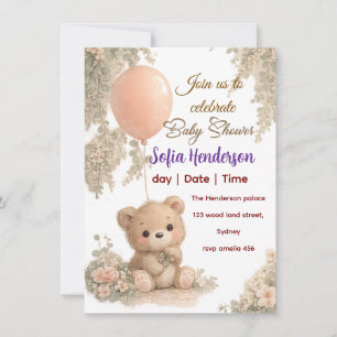 Blush  Bear Soft Water colour floral baby shower Invitation