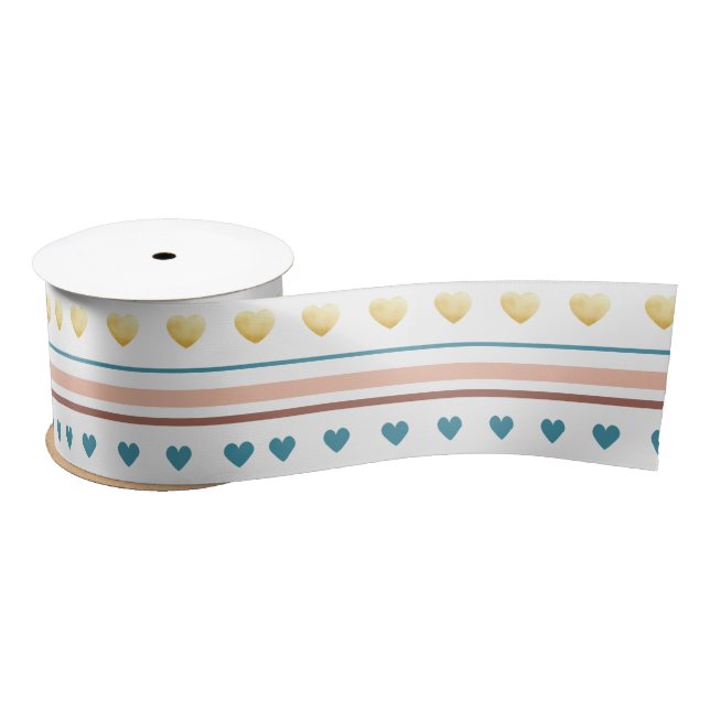 Blush Beige Blue Boho Hearts Stripes Satin Ribbon (Spool)