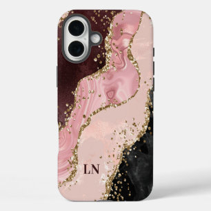 Blush Black Gold Glitter Agate Monogram iPhone 16 Plus Case