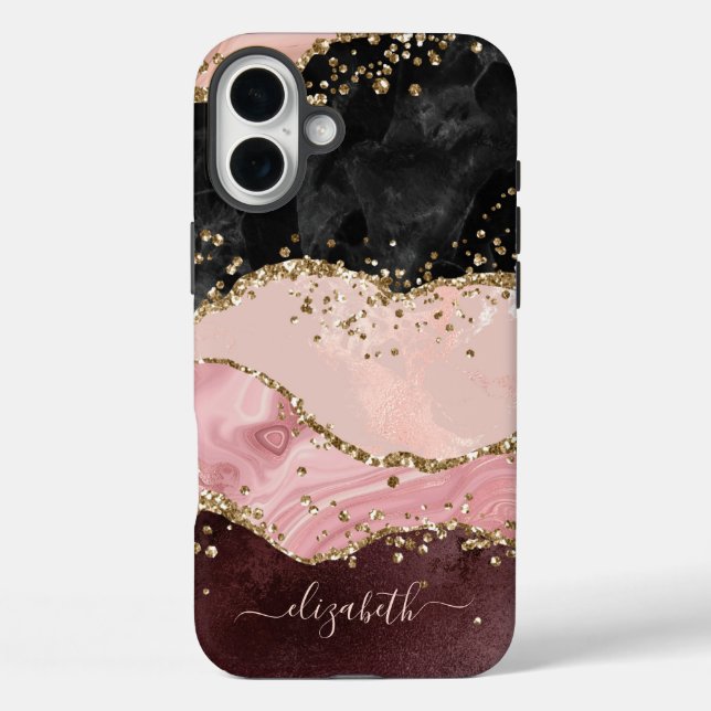 Blush Black Gold Glitter Agate Name Script Case-Mate iPhone Case (Back)