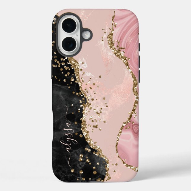 Blush Black Gold Glitter Agate Name Script Case-Mate iPhone Case (Back)