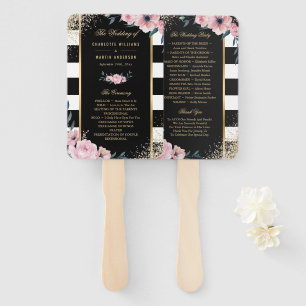 Blush Black Gold Glitter Floral Wedding Program Hand Fan
