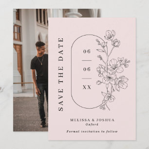 Blush & Black Line Drawn Floral Photo Wedding Save The Date