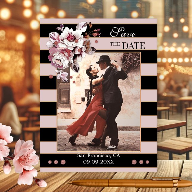 Blush Black Striped Photo Save the Date Postcard (Save the Date postcard showing your photo framed by vintage flowers and pearls on pink black stripes)