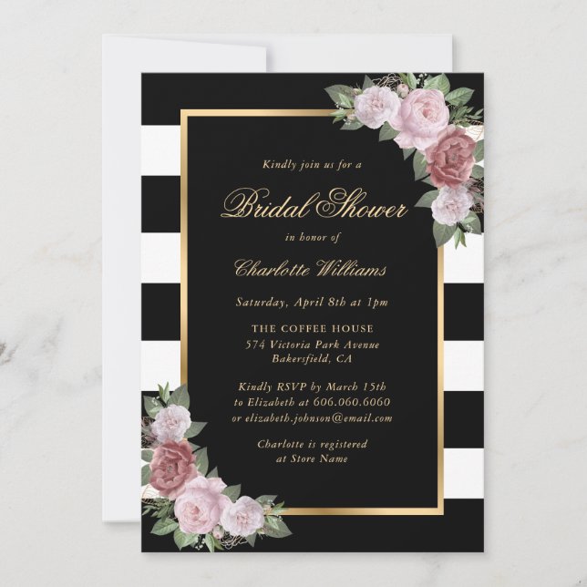 Blush Black White Gold Floral Bridal Shower Invitation (Front)