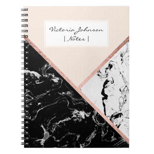 Blush black white marble rose gold colour block notebook (Front)