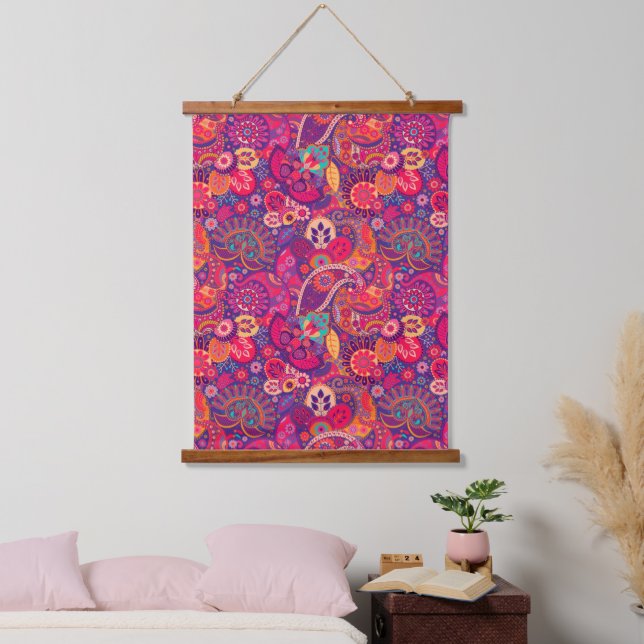 Blush Bloom: Artistic Pink Garden Pattern Hanging Tapestry (Bedroom)