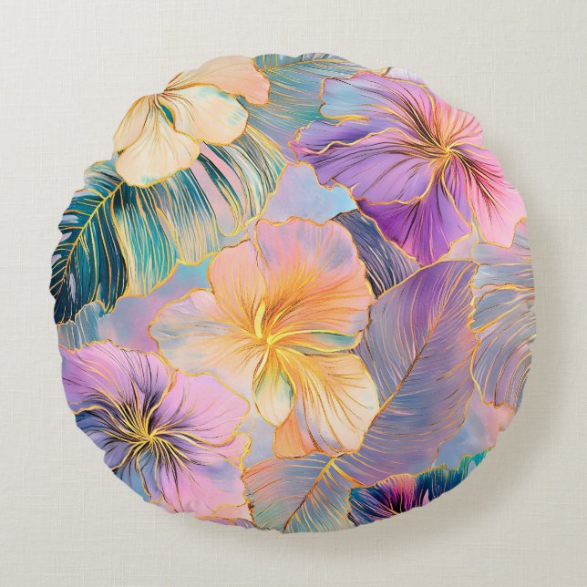 Blush Bloom Exotic Leaves Flower Round Pillow (Front)