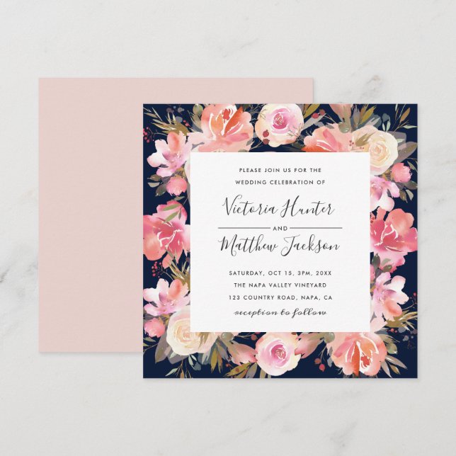 Blush Bloom Floral Wedding Invitation | Navy (Front/Back)