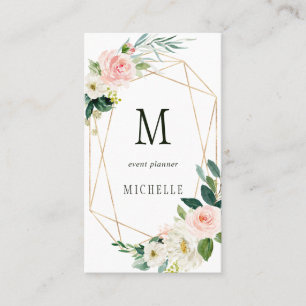 Blush Bloom Geometric Gold Frame Monogram Business Card