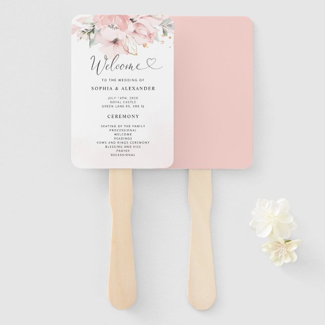 Blush bloom wedding program fan (Front and Back)