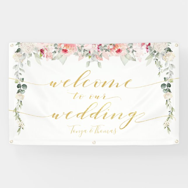 Blush Blooms Fancy Gold Calligraphy Welcome Banner (Horizontal)