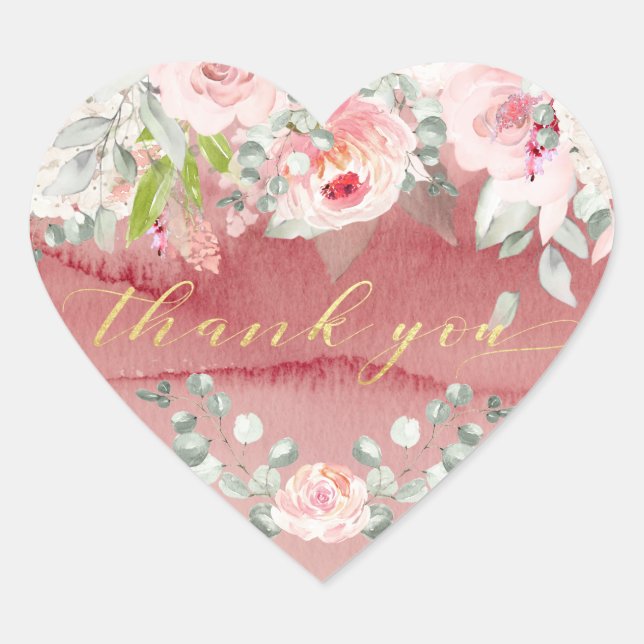 Blush & Blooms Gold Calligraphy Font Thank You Heart Sticker (Front)