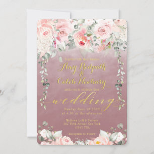 Blush Blooms Wedding Fancy Gold Calligraphy Mallow Invitation