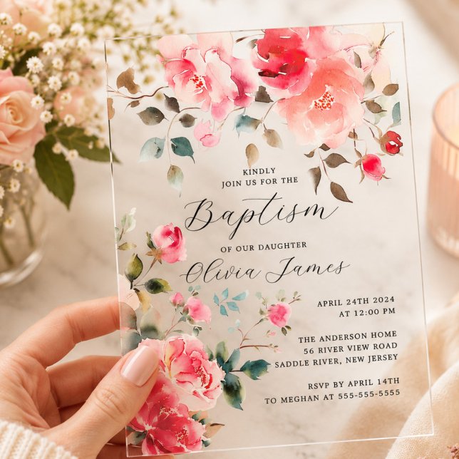 Blush Blossoms Baptism Acrylic Invitations (Creator Uploaded)