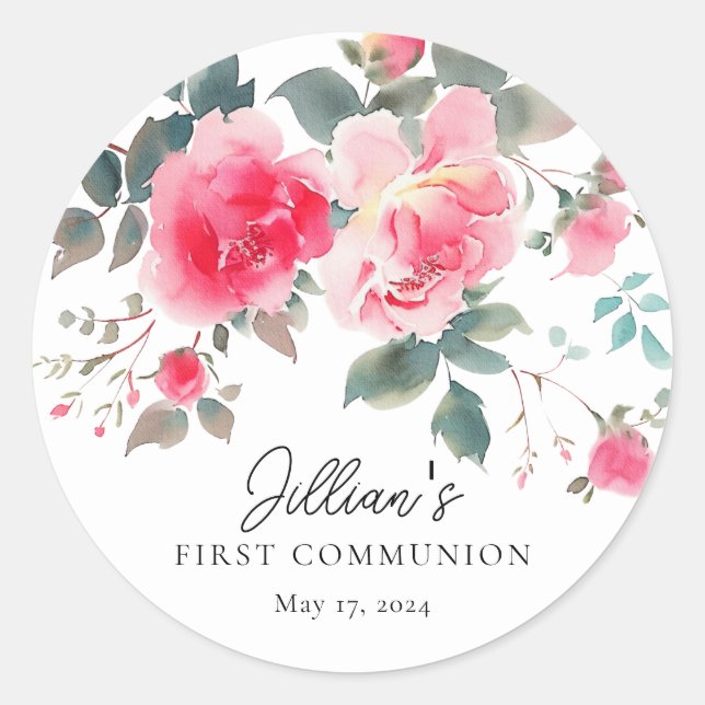 Blush Blossoms First Communion Classic Round Sticker (Front)