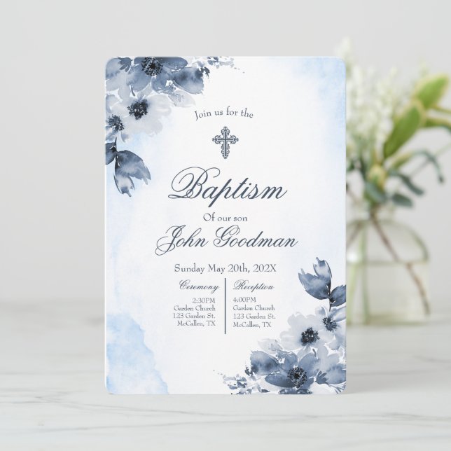 Blush blue baptism with cross  invitation (Standing Front)