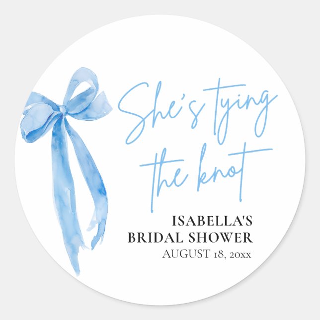 Blush Blue Bow She's Tying the Knot Bridal Shower Classic Round Sticker (Front)