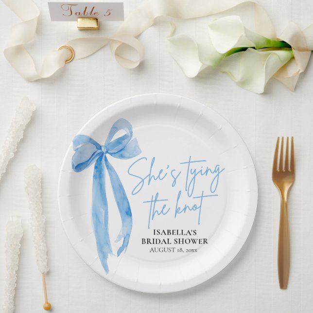 Blush Blue Bow She's Tying the Knot Bridal Shower Paper Plate (Wedding)