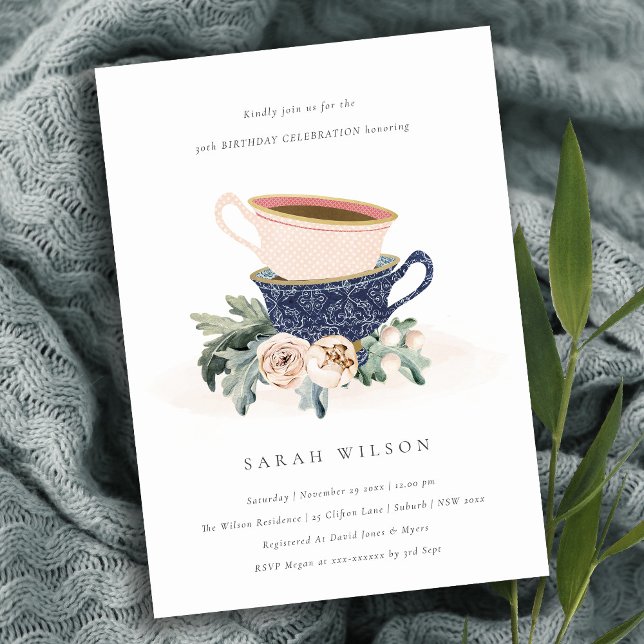 Blush Blue Cups Floral Any Age Birthday Invite (Creator Uploaded)