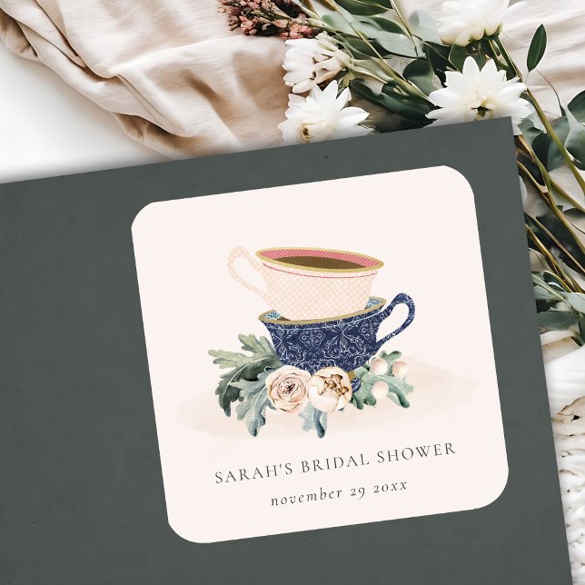 Blush Blue Cups Floral Bridal Shower Tea Party Square Sticker (Creator Uploaded)