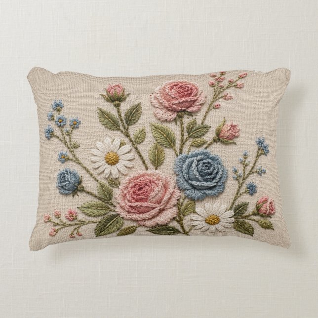 Blush & Blue Embroidered Roses Accent Pillow (Front)