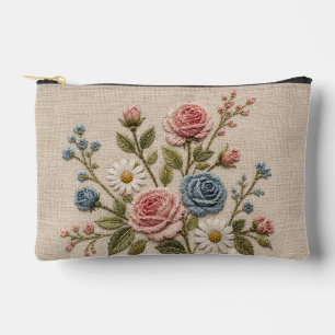 Blush & Blue Embroidered Roses Accessory Pouch