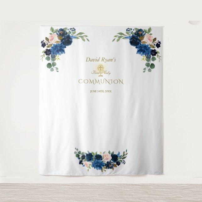 Blush Blue Flora Holy Communion Photo Booth Prop Tapestry (Front)