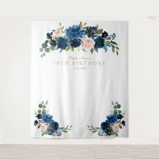 Blush Blue Floral 18th Birthday Photo Booth Prop Tapestry (Front)